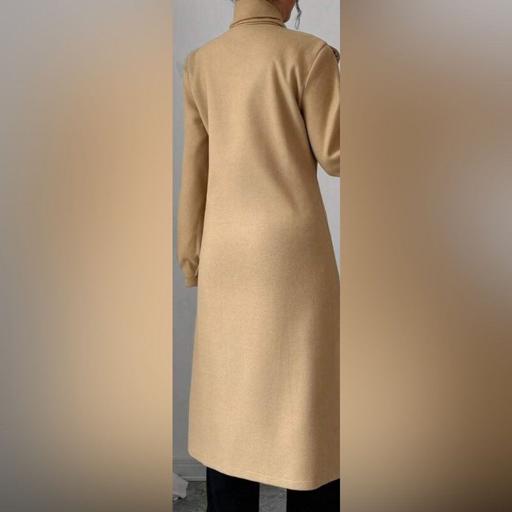 Classic Tan Tie Neck Button Pockets Coat Jacket - Picture 2 of 7